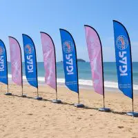 Set of custom feather flags with branding displayed on a beach near the ocean, with a clear sky.