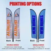 Comparison of double-sided and single-sided custom feather flags, showing the front and back designs with different visibility effects.