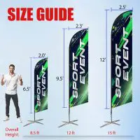 Size guide for custom feather flags, showing different heights and overall dimensions.