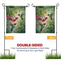 Custom garden flag with double-sided design, fully readable and customizable on both sides.