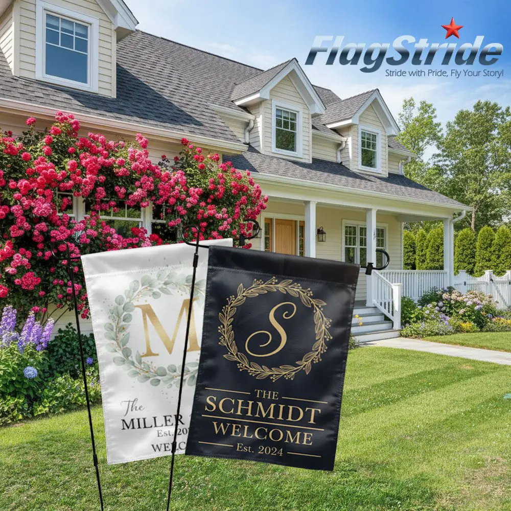 custom garden flags standing in the front yard