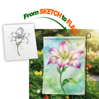 Custom garden flag made from a hand-drawn flower sketch, showing sketch-to-flag transformation with free design support.
