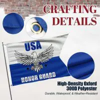 Custom Guidon Flags featuring high-density Oxford 300D polyester material, durable, waterproof, and weather-resistant, with close-up views of grommets and stitching details.