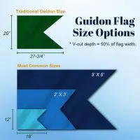 Custom Decorative Guidon flag size options showing traditional and most common sizes with dimensions and V-cut depth explanation.