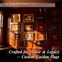 A collection of custom Guidon flags displayed on a wooden wall, symbolizing tradition, honor, and legacy.