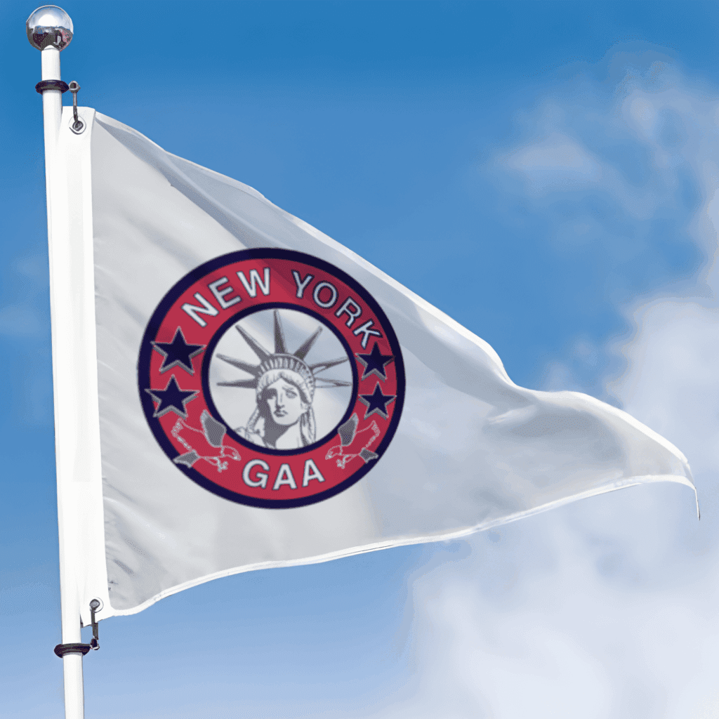 Custom Pennant Flags | Personalized Triangular Flags for Teams & Events 5 Custom pennant flags featuring the "New York GAA" logo, ideal for sports events and team branding.