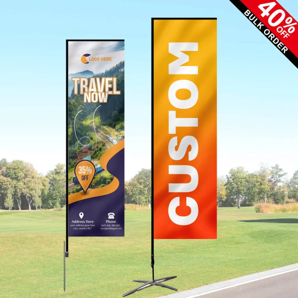 Custom Rectangle Flags | No-Wrinkle & Vibrant Printing 3 Custom rectangle flags showing example design, highlighting customizable options