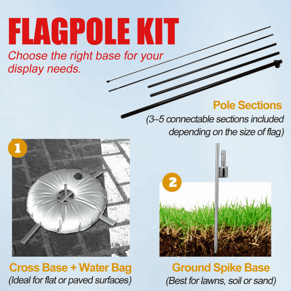 Custom Rectangle Flags | No-Wrinkle & Vibrant Printing 7 Rectangular flagpole kit with ground spike and cross base options