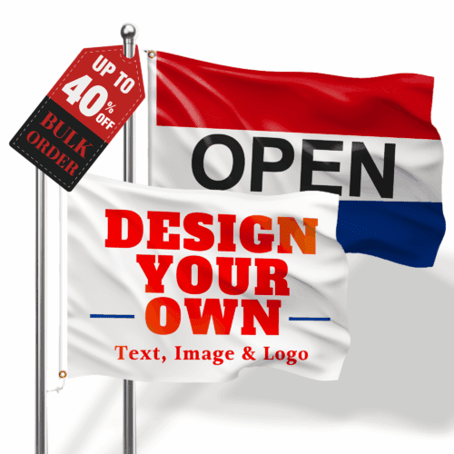 Custom flag with red, white, and blue stripes that says “Design Your Own” – personalized print example