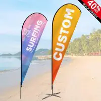 Artwork & Design 11 Custom teardrop flags showing example design with surfing theme, highlighting customizable option