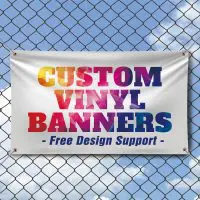 Custom vinyl banners with vibrant colors and bold text for personalized advertising, free mockup design support