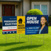 Custom Yard Signs | Lawn Sign 18x24 1 Custom yard signs for real estate and election campaigns displayed on grass with sample Open House and Presidential Election designs