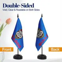 Double-sided custom desk flag showing the front and back designs.