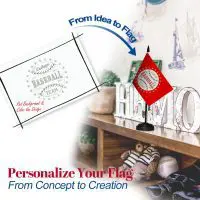 Custom desk flag showcasing the design process from idea to final product, with a baseball-themed design on a red flag.