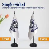 Single-sided custom desk flag showing both front and back views.