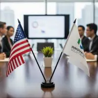 U.S. desk flag and custom company desk flag displayed on a conference table during a business meeting.