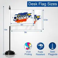Desk flag size chart showing 4×6 inch and 5.5×8 inch flag dimensions, 13-inch pole height, and key features including vivid printing, fade resistance, and solid flagpole.