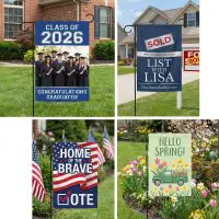 Garden flag stand displaying multiple garden flag designs in outdoor yard settings