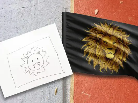 Sketch of a lion on paper flag beside a realistic lion design on black custom flag