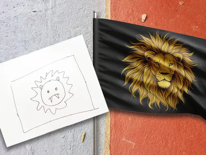 Sketch of a lion on paper flag beside a realistic lion design on black custom flag
