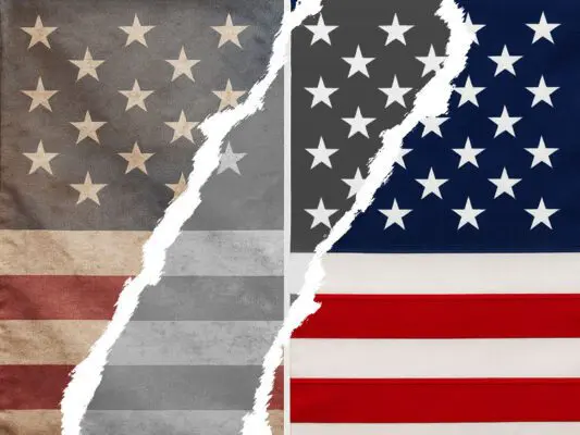 Comparison of a faded American flag after 6 months in the sun versus a vibrant flag printed with UV-resistant inks after 18 months
