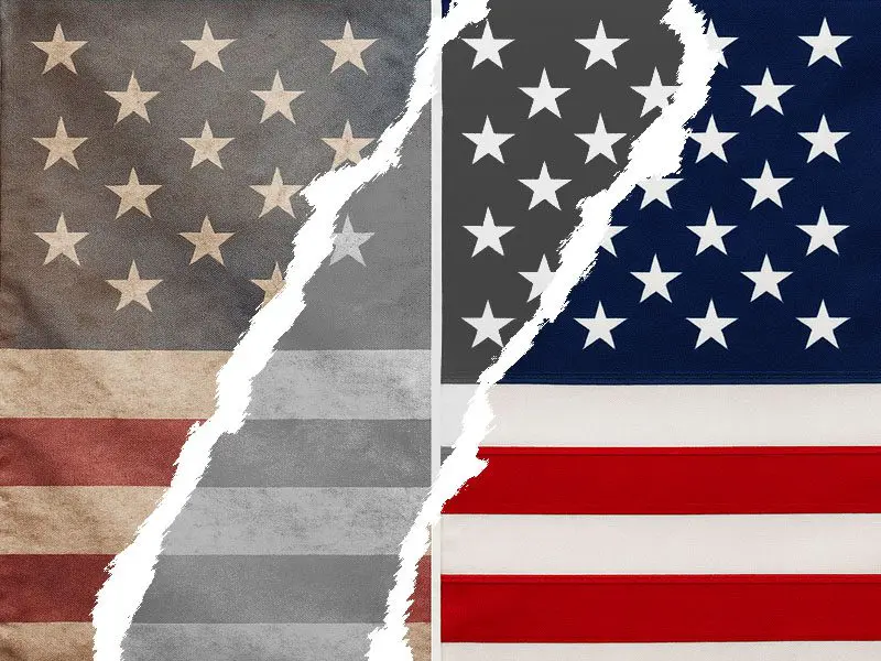 Comparison of a faded American flag after 6 months in the sun versus a vibrant flag printed with UV-resistant inks after 18 months