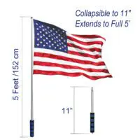Collapsible telescopic handheld flagpole, extends to 5 feet (152 cm) and collapses to 11 inches, stainless steel with foam grip