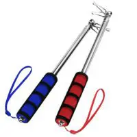 Telescopic handheld flagpoles with red and blue foam grips and wrist straps, stainless steel, extendable design