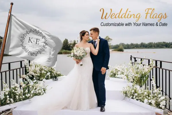 Custom wedding flag with bride and groom standing at the altar