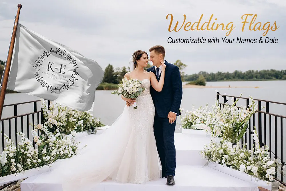 Custom wedding flag with bride and groom standing at the altar