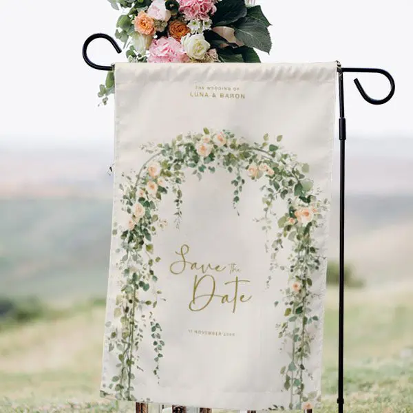 Custom garden wedding flag with floral arch design