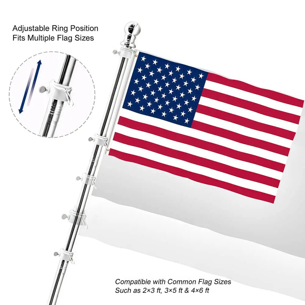 Sectional Wall Mount Flag Pole with Rotating Rings | Stainless Steel 5 Adjustable ring position on a sectional wall mount flag pole showing compatibility with multiple flag sizes