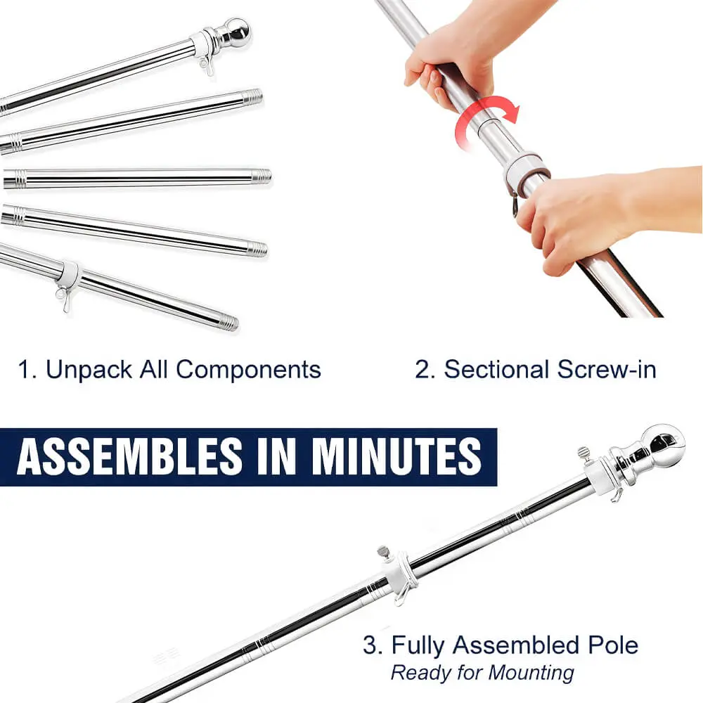 Sectional Wall Mount Flag Pole with Rotating Rings | Stainless Steel 7 Three step assembly process of a sectional wall mount flag pole from components to fully assembled pole