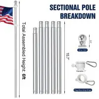 Sectional wall mount flag pole breakdown showing total assembled height of 6 ft and individual pole sections
