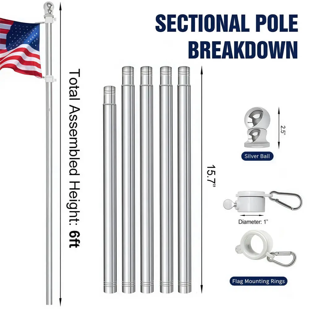 Sectional Wall Mount Flag Pole with Rotating Rings | Stainless Steel 4 Sectional wall mount flag pole breakdown showing total assembled height of 6 ft and individual pole sections