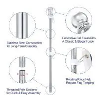 Sectional Wall Mount Flag Pole with Rotating Rings | Stainless Steel 13 Design details of a sectional stainless steel flag pole showing threaded sections, rotating rings, and decorative ball finial