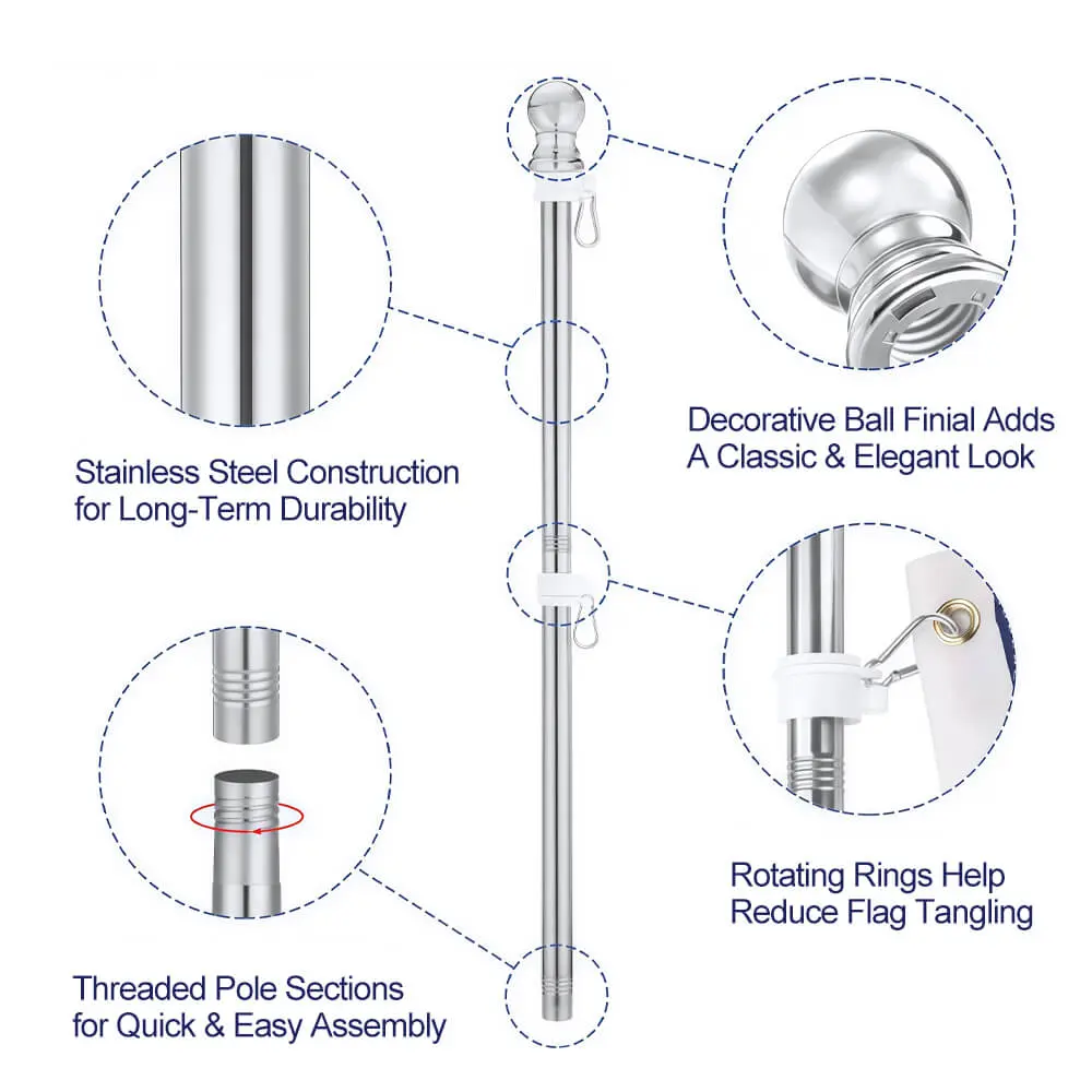 Sectional Wall Mount Flag Pole with Rotating Rings | Stainless Steel 6 Design details of a sectional stainless steel flag pole showing threaded sections, rotating rings, and decorative ball finial