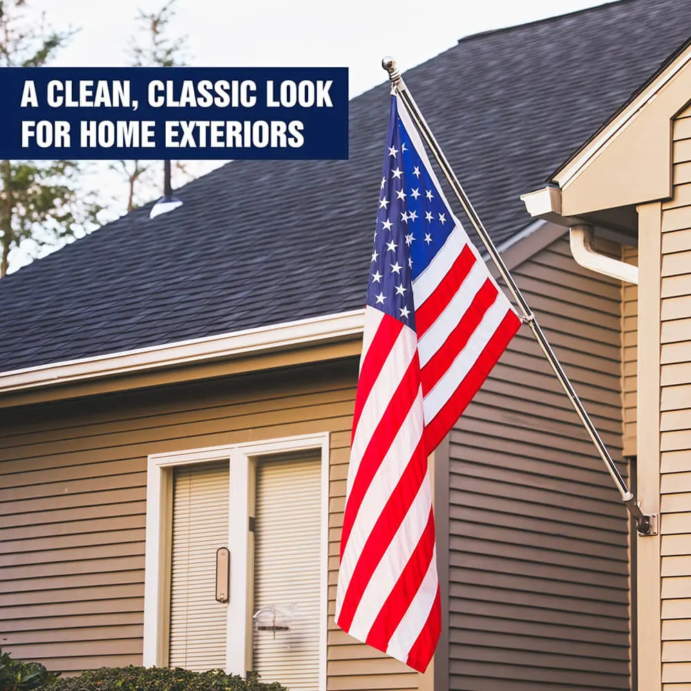 Sectional Wall Mount Flag Pole with Rotating Rings | Stainless Steel 8 Sectional flag pole mounted on a home exterior displaying a flag at an angle