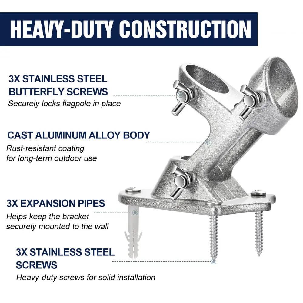 2-Position Wall Mount Flagpole Bracket | Heavy-Duty Aluminum 6 2 position Heavy-duty wall mount flagpole bracket with cast aluminum body and stainless steel hardware