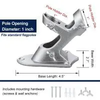 2-Position Wall Mount Flagpole Bracket | Heavy-Duty Aluminum 10 two-position Wall mount flagpole bracket size diagram showing 1 inch pole opening and base dimensions