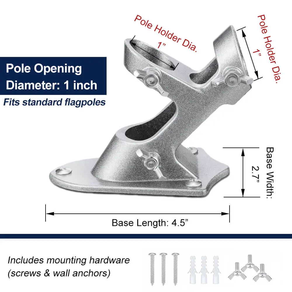2-Position Wall Mount Flagpole Bracket | Heavy-Duty Aluminum 5 two-position Wall mount flagpole bracket size diagram showing 1 inch pole opening and base dimensions