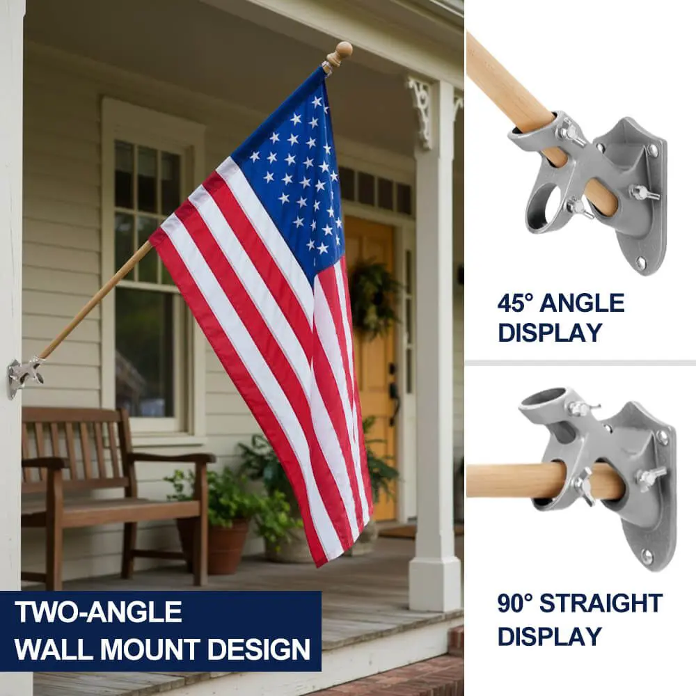 2-Position Wall Mount Flagpole Bracket | Heavy-Duty Aluminum 4 Wall mount flagpole bracket showing 45 degree angle and 90 degree straight display on a home porch