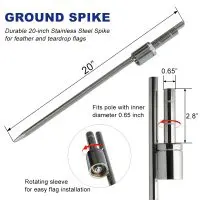 Ground spike for feather and teardrop flags, 20-inch stainless steel with rotating sleeve, dimensions and flagpole compatibility