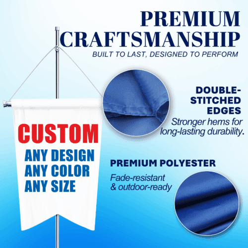 Close-up of custom burgee flags showing reinforced stitching and premium polyester material.