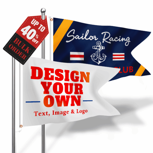 Custom burgee flags with "Design Your Own" text and a red bulk order discount tag offering up to 40% off.