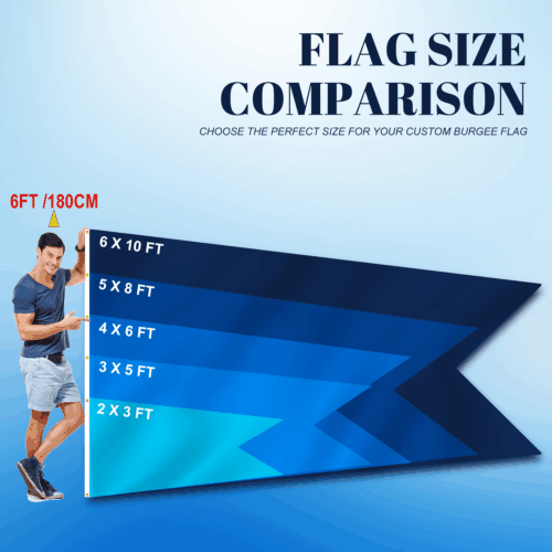 Custom Burgee flags size chart with human height reference include 2x3 ft, 3x5ft, 4x6ft, 5x8ft & 6x10 ft.