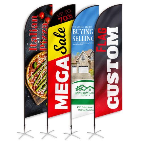 Custom feather flags for business promotions – MEGA SALE, pizza, real estate, and custom branding