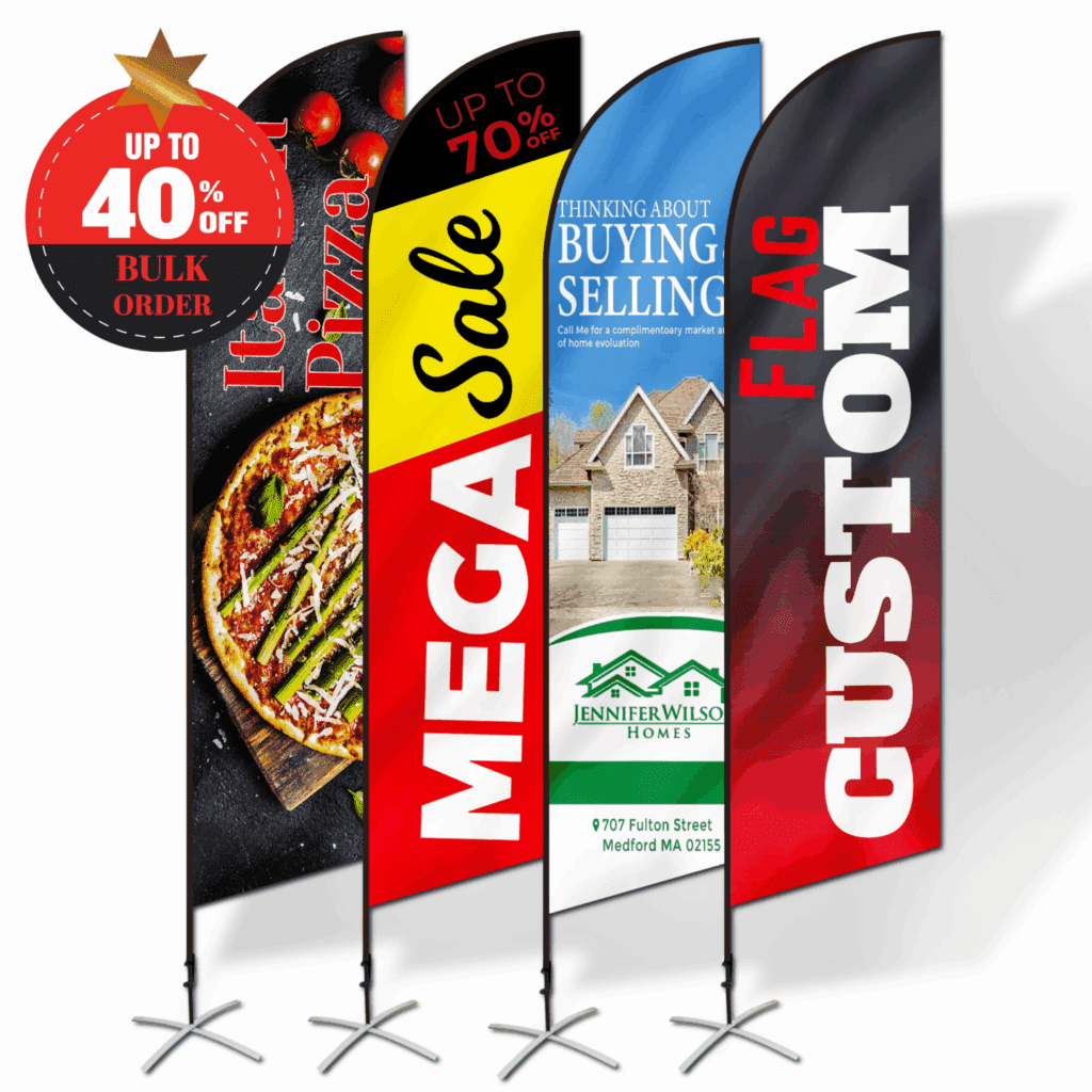 Custom feather flags with cross base stands showing restaurant, sale, real estate, and personalized designs. Bulk order discount up to 40% off.
