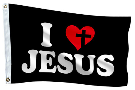 Custom Christian flag with I Love Jesus message and heart cross symbol