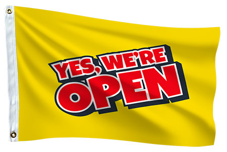 Custom flags design template “Yes We’re Open” flag for small businesses and storefronts